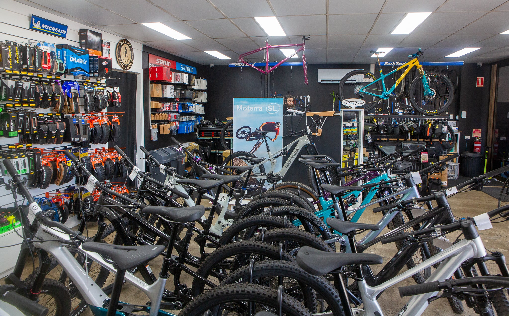 Bicycle store with various bicycles on display and shelves stocked with parts and tools.