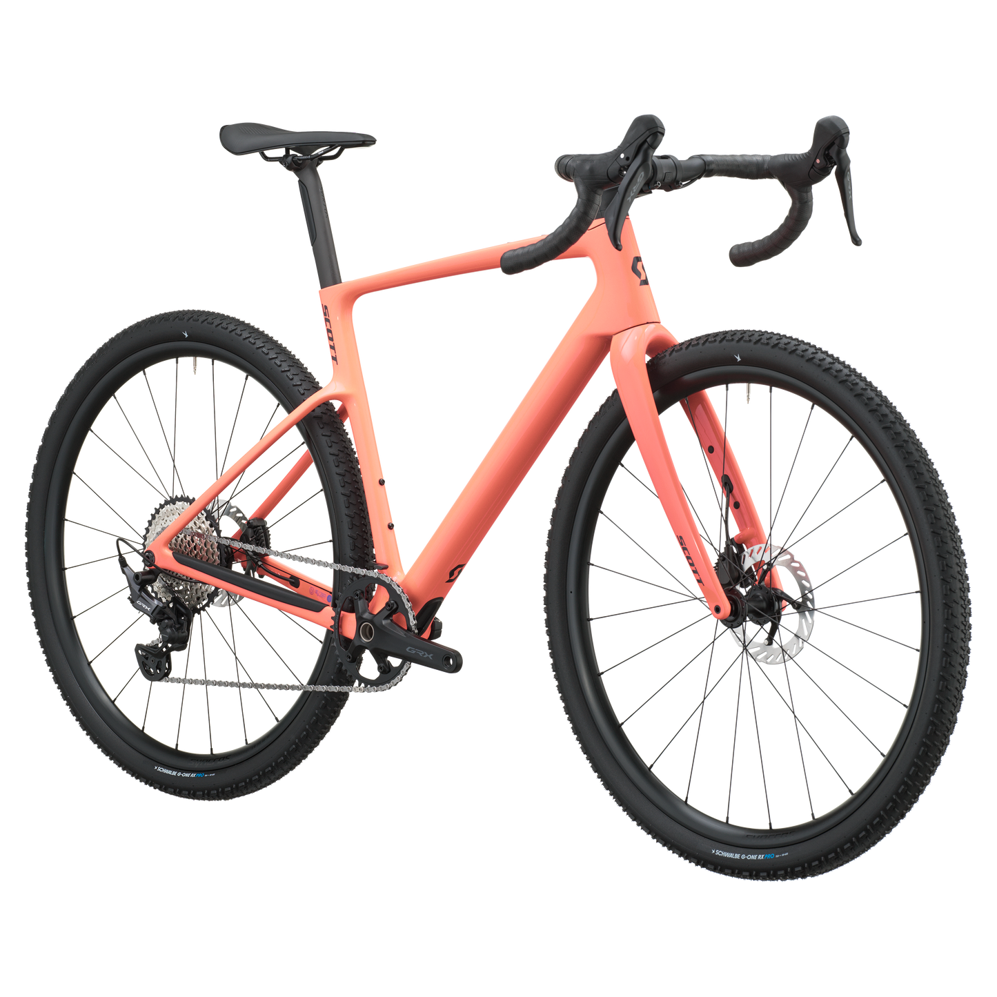 A coral pink gravel bicycle with black components, including the tires, saddle, handlebars, and wheels, shown on a solid white background.