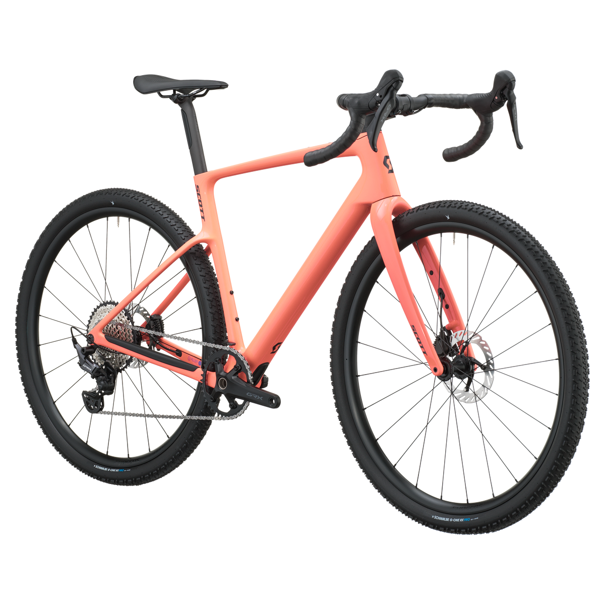 A coral pink gravel bicycle with black components, including the tires, saddle, handlebars, and wheels, shown on a solid white background.